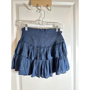 Day + Mon Womens Mini Skirt Blue Smocked Tiered Ruffle Layers Casual